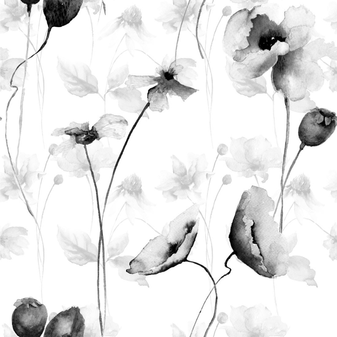 Papel de Parede Flores Aquarelas (Preto e Branco)