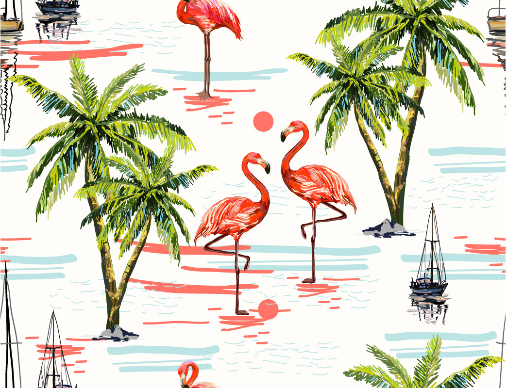 Papel de Parede Tropical Coqueiro e Flamingos