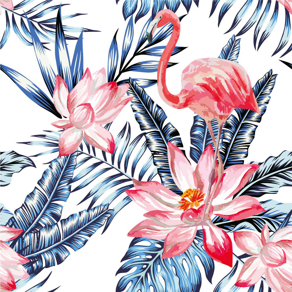 Papel de Parede Tropical Folhas Flores Flamingo
