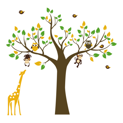Adesivo de Parede Infantil Árvore Com Corujas e Macacos